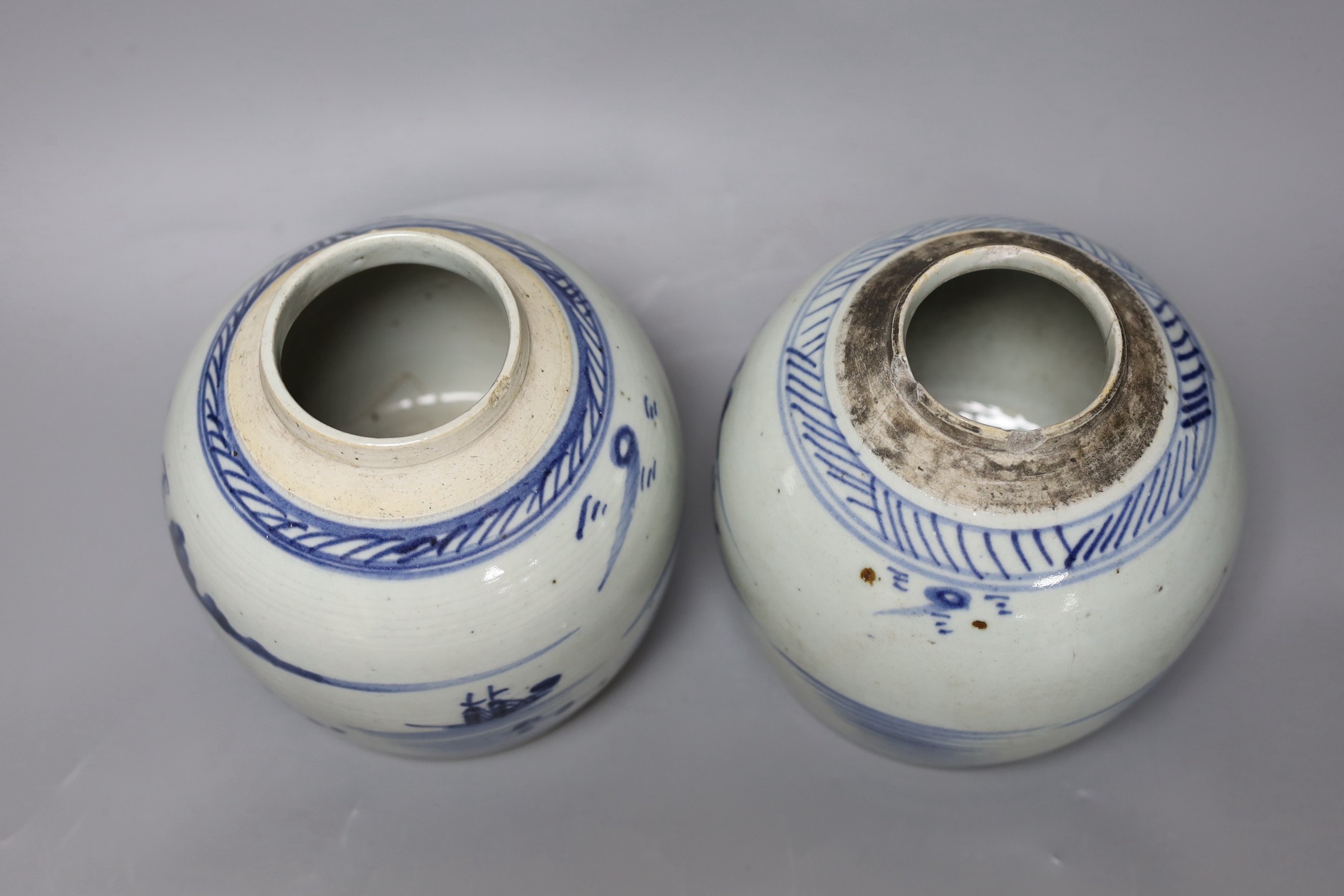 Two 18th century Chinese provincial blue and white jars, tallest 17 cms high